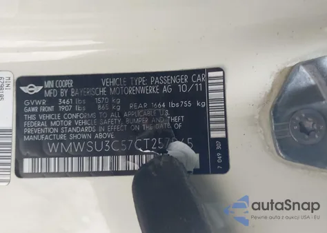 2012 Mini Cooper z USA, uszkodzony, nr VIN WMWSU3C57CT257565